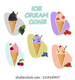 Set of different ice cream. Black coal got ice cream in a cone. Black currant. Cherries and ripe strawberries. Design for cafe menu, packing, shipping box. Stock vector.