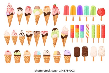 Set of different ice cream cone and bars ice creams with different flavours chocolate vanilla and fruits vector illustration on white background