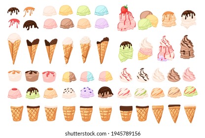 Conjunto de diferentes helados de cono y barras de helados con diferentes sabores vainilla de chocolate e ilustración vectorial de frutas sobre fondo blanco