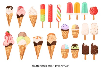 Set of different ice cream cone and bars ice creams with different flavours chocolate vanilla and fruits vector illustration on white background