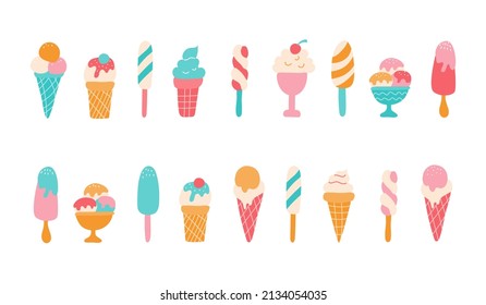 Set of different ice cream. Flat cute vector illustrations, bright summer colors