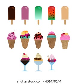 Set of different ice cream. Frozen dessert. 
Collection of 13 vector ice cream isolated on white background