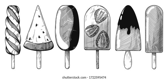 Set of different ice cream on a stick. Vector illustration in sketch style.