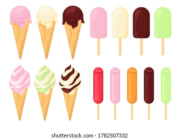 Conjunto de helados diferentes. Helado en un palo, cono de gofre, hielo. Ilustración vectorial aislada en fondo blanco.