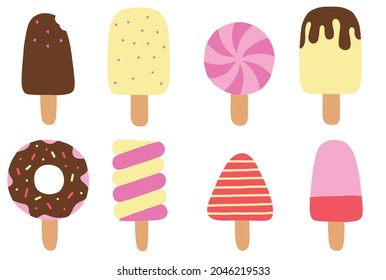 a set of different ice cream on a stick, popsicle. vector drawing, color