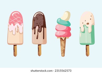 Set of different ice cream on a stick. Vector illustration in flat style