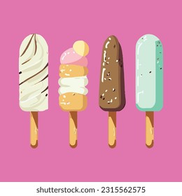 Set of different ice cream on a stick. Vector illustration in flat style