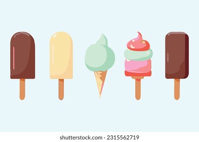 Set of different ice cream on a stick. Vector illustration in flat style