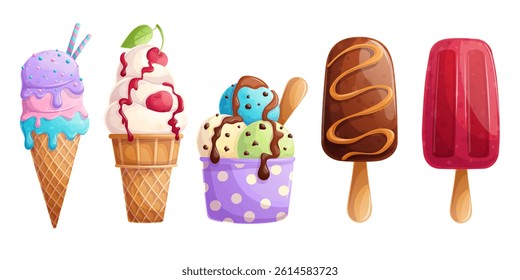 A set of different ice cream on a white background. Ice cream in cups, on a stick. The concept of confectionery, baking, cooking. Isolated vector illustration for menu design, posters, banners, covers