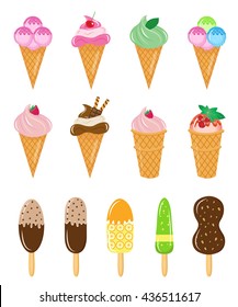 Set of different ice cream, ice cream on a stick, in a cup, cone, chocolate. Collection. Vector illustration