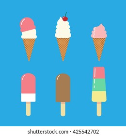 Set of different ice cream sorts. Chocolate ice cream, strawberry ice cream, vanilla ice cream, fruit popsicle. Icecream menu illustration. Vector flat design illustration. 