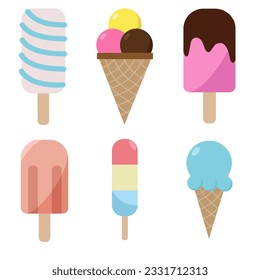 Set of different ice cream. Vector flat design. Summer dessert. Popsicle, waffle cone.