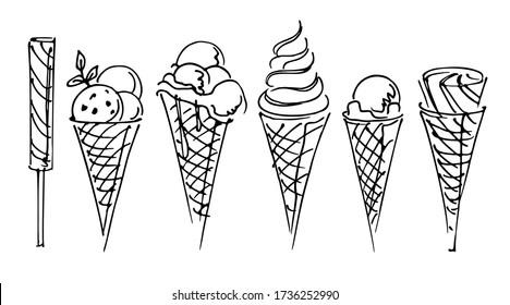 Set of different ice cream in waffle cones and Popsicle, hand-drawn sketch black contour on white background