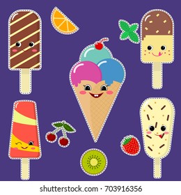 A set of different ice cream in a white stroke with a dotted line in a cartoon style.