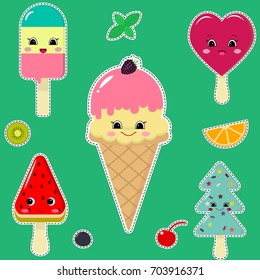 A set of different ice cream in a white stroke with a dotted line in a cartoon style.