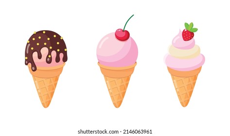 Set with different ice creams. Chocolate ice cream, cherry ice cream, strawberry ice cream.