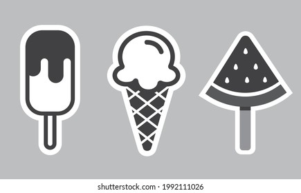 A set of different ice creams, in cones, in cups, on sticks.