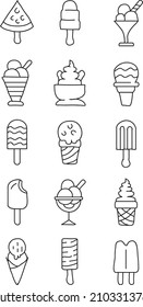 A set of different ice creams, in cones, in cups, on sticks. Vector outline hand drawn illustration in doodle style..eps