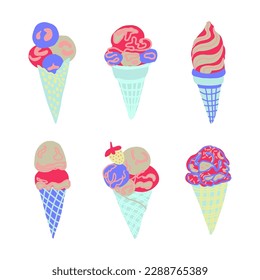 Set of different ice creams. Ice cream cones with different flavour, sprinkles, glazing. Vector illustration.