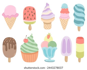 Un conjunto con diferentes helados en estilo plano. Vector de iconos modernos