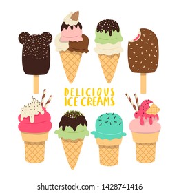 set with different ice creams in simple flat style on white background. vector illustrations set with differen flavours ice creams. ice cream stickers set