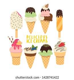 set with different ice creams in simple flat style on white background. vector illustrations set with differen flavours ice creams. ice cream stickers set