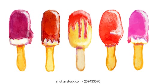 Set of different ice lollies on white background