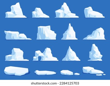 Set of different icebergs. A frozen massif of water and snow of various shapes. Great depths in cold ocean waters are dangerous. Vector illustration