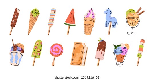 Sorvete. Sorvete diferente: picolé, gelato no copo, lolly de frutas, sorvete no cone waffle, sundae. Sobremesa de verão congelada para crianças. Ilustrações de vetor isoladas planas sobre fundo branco.