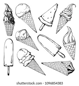 Set of different ice-cream. Sketch on white background