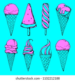 Set of different ice-cream. Sketch on blue background