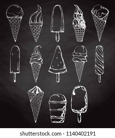 Set of different ice-cream. Sketch on chalkboard
