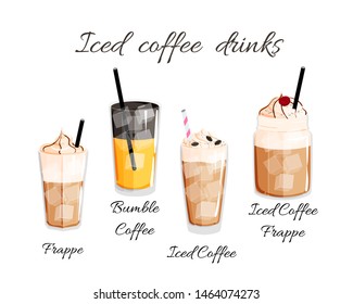 Set with different iced coffee types.Vector illustration for poster or menu