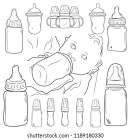   Set of different icons bottle baby milk. Hand drawn cartoon vector illustration.