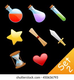 Set of different icons. Cartoon vector illustration to create original video or web games, graphic design, screen savers.