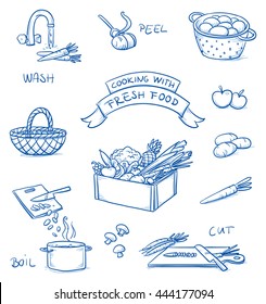 Set of different icons for cooking fresh food. With washing, peeling, cutting, and boiling of vegetables.  Hand drawn cartoon vector illustration.