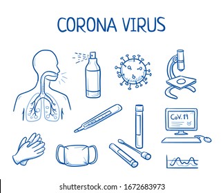 Set of different icons of corona virus infection, testing and prevention: gloves, testing tubes, respiratory mask, disinfectant and computer. Hand drawn line art cartoon vector illustration.