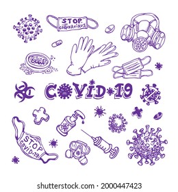 Reihe verschiedener Symbole für Infektionen mit Coronavirus, Tests und Prävention	