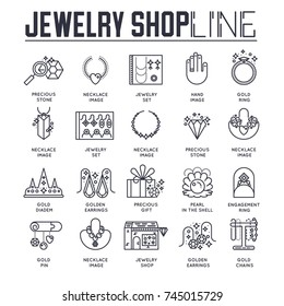 Set of different icons dedicated to jewelry shop in thin line style. Linear symbol pack. Modern template of thin line icons, logo, symbols, pictogram and flat illustrations concept