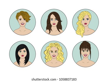 Set of different icons of female avatars. There are blonde, redhead, brunette and brown-haired woman. Girls have different eye colors and different hairstyles. Vector illustration