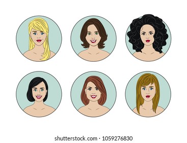 Set of different icons of female avatars. There are blonde, redhead, brunette and brown-haired woman. Girls have different eye colors and different hairstyles. Vector illustration