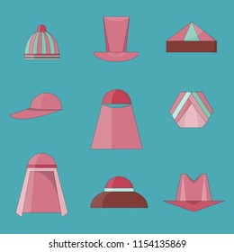 Set of Different Icons of Hats in Flat Style with Outlines. Group of Headdressings Including Hijab, Turban and Skullcap. EPS 10 Vector illustration.
