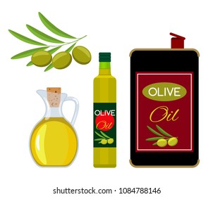 A set of different icons of olive oil - a jug, a glass bottle, iron packaging and a branch of olives. flat vector illustration isolated on white background