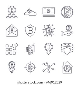 A set of different icons on the theme bitcoin, crypto currency, blockchain. Icons for sites, applications, programs and others. Editable stroke.