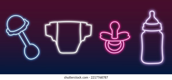 Set of different icons for shops, babies, cards, newborn concept. Vector illustration of neon colorful beanbag, diaper, pacifier nipple, baby bottle isolated on dark background.