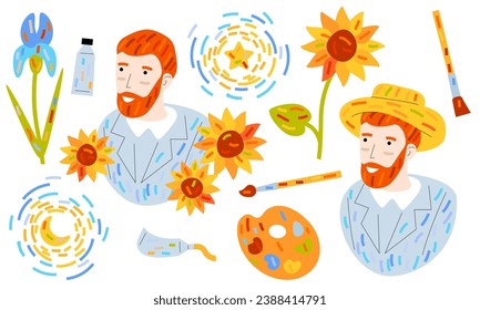 Set of different icons and signs. Vincent van Gogh, sunflowers and iris flowers, palette, brushes and oil colors, Starry Night, Portrait with Straw Hat. Artist and art