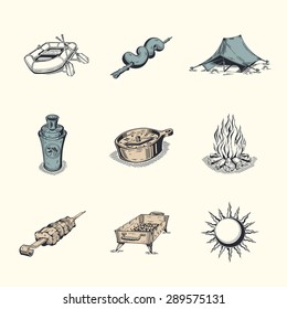 Set of different icons. Subject tourism and hiking.