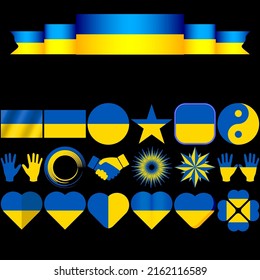 Set of different icons with symbols of Ukraine.
Flag of Ukraine in different elements, icons and shapes.
Vector illustration.