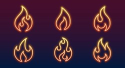 Set Of Different Icons. Vector Illustration Of Neon Orange Flame Fire Isolated On Dark Background.