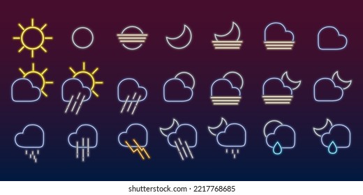 Set of different icons. Vector illustration of neon line colorful weather icons. Suns,clouds,rain,lightning,moons isolated on dark background.